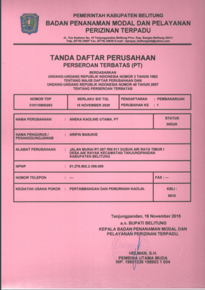 Certificate of Company Registration (Tanda Daftar Perusahaan)
